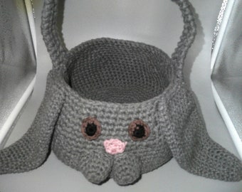 Crochet Easter Bunny Basket with Floppy Ears-Gray - READY TO SHIP!