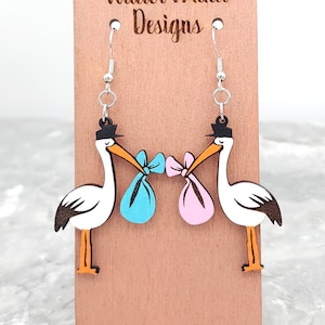 Stork Earrings, Baby Shower Gift, Gender Reveal Party, Expecting mother, Cute Gift, Animal Earrings, Baby Stork, Pink and Blue Earrings
