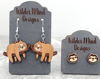 Hand Painted Sloth Earrings: Laser Cut Wood, Sloth Lover Gift