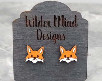Hand Painted Fox Studs: Laser Cut Wood Animal Earrings