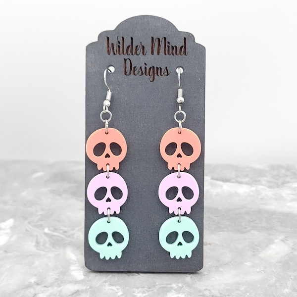 Skull Earrings, Pastel Skulls, Pastel Earrings, Halloween Earrings, Spooky Earrings, Skull Jewelry, Pastel Acrylic, Halloween Jewelry, Skull