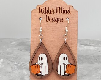 Hand Painted Walnut Ghost Earrings, Trick or Treat Jewelry, Halloween Outfit