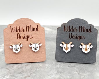 Hand Painted Goat Stud Earrings, Laser Cut Wood, Farm Animal