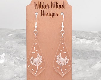 Laser Cut Acrylic Dandelion Earrings: Surgical Steel Ear Wires