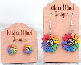 Handbemalte Regenbogen Sonnenblume Pride Ohrringe: Laser geschnittenes Holz, LGBTQ + Pride Boho Schmuck