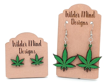 Laser Cut Marijuana Leaf Earrings, Hand Painted Wood, Surgical Steel