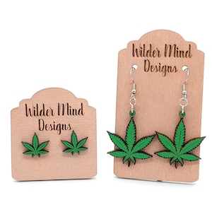 Laser Cut Marijuana Leaf Earrings, Hand Painted Wood, Surgical Steel