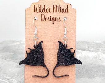 Black Glitter Manta Ray Earrings: Lightweight Acrylic Sea Creature Jewelry