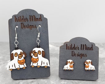 Hand-Painted Halloween Ghost Dog Earrings: Laser-Cut Wood