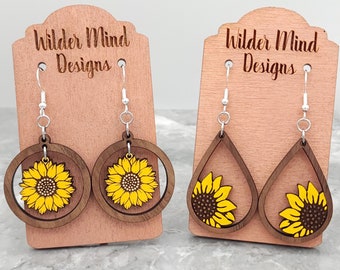 Hand-Painted Walnut Sunflower Earrings: Laser Cut Wood