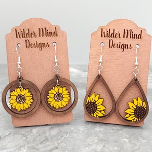 Hand-Painted Walnut Sunflower Earrings: Laser Cut Wood