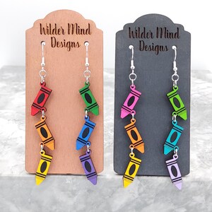 Teacher Appreciation Earrings | Wooden Pencil & Crayon Dangle Earrings | Cat Reading Book Design