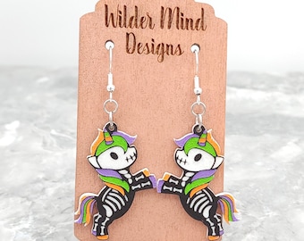 Handmade Unicorn Skeleton Earrings: Laser Cut Halloween Jewelry