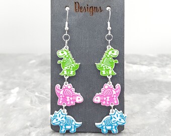 Hand Painted Neon Dinosaur Skeleton Earrings, Vibrant Quirky Statement Jewelry
