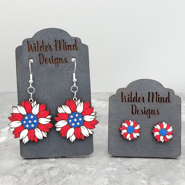 Sunflower Earrings, Sunflower Studs, Flower Earrings, Patriotic Earrings, 4th of July, Summer Earrings, USA, America, Red, White, Blue