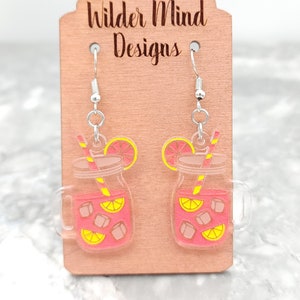 Pink Lemonade Earrings, Lemonade Earrings, Summer Earrings, Drink Earrings, Mason Jar Earrings, Lemons, Strawberry Lemonade, Unique Earrings