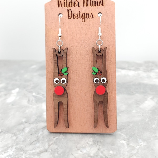 Reindeer Earrings, Kids Crafts, Clothespin Reindeer, Funny Christmas Earrings, Christmas Jewelry, Cute Earrings, Rudolph Earrings, Nostalgic