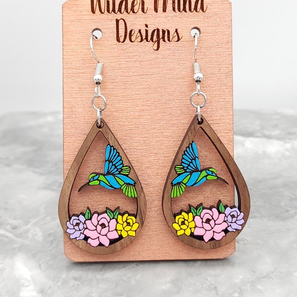 Hummingbird Earrings, Bird Earrings, Bird Lover, Flower Earrings, Floral Earrings, Wood Earrings, Hummingbird Gift, Unique Earrings