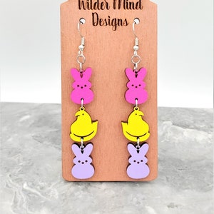 Hand Painted Easter Earrings: Laser Cut Bunny Chick Dangle