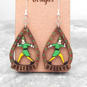 Hand-Painted Elf Earrings: Laser-Cut Walnut Plywood Christmas Jewelry