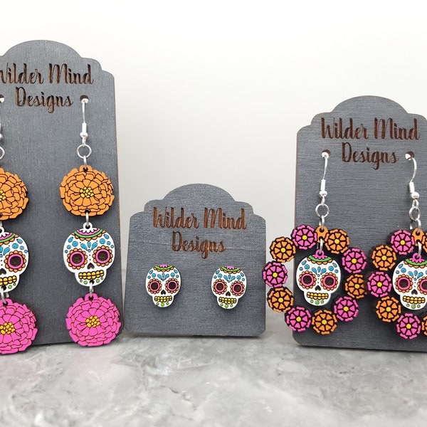 Day of the Dead Earrings, Día de Muertos, Skull Earrings, Sugar Skull Earrings, Flower Earrings, Marigold Earrings, Sugar Skulls, Unique