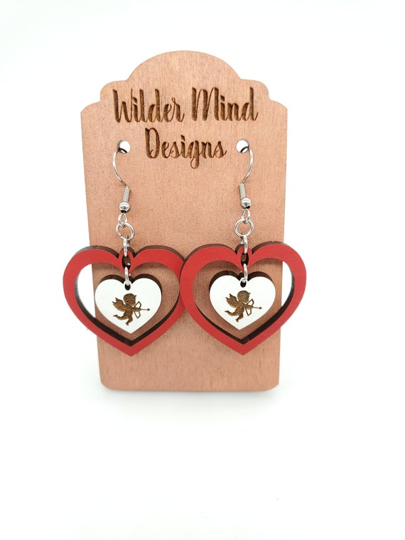 Wood Heart Valentines Day Earrings