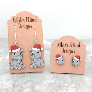 Christmas Hippo Earrings: Hand-Painted Wood Animal Earrings