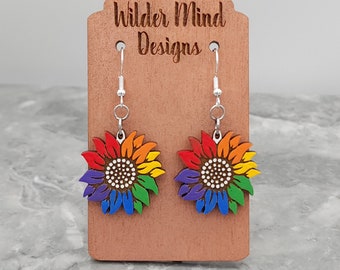 Pride Earrings, Pride Sunflower, Rainbow Sunflower, Rainbow Earrings, LGBTQ Earrings, Fun Earrings, Unique Earrings, Flower Earrings