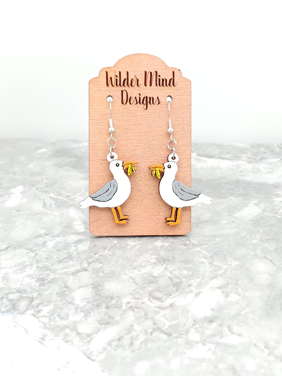 Hand-Painted Seagull Earrings: Funny Beach Bird with French Fry