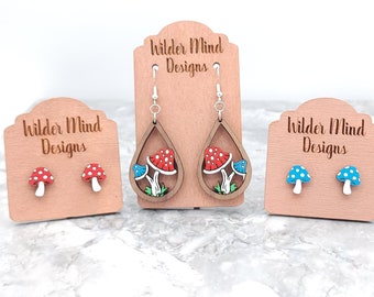 Hand-Painted Mushroom Earrings, Cottagecore Toadstool Dangle, Whimsical Fungi Nature Jewelry