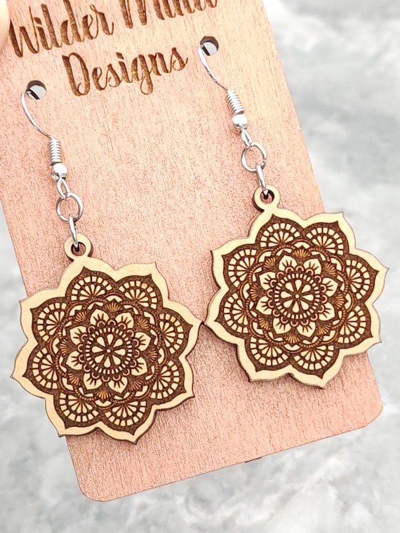 Mandala Wood Earrings Laser Cut Mandala Earrings Wooden Earrings