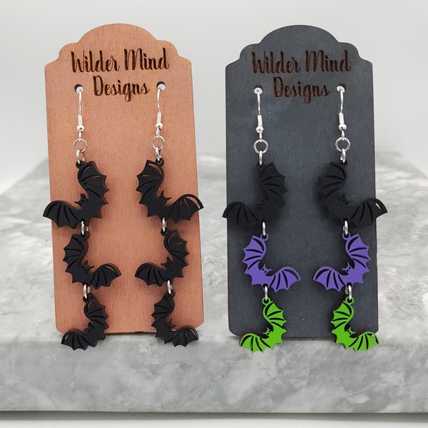 Bat Earrings, Halloween Earrings, Wooden Earrings, Holiday Earrings, Wood Earrings, Halloween Jewelry, Spooky Earrings, Triple Bat Earrings