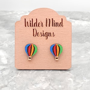 Hand-Painted Hot Air Balloon Studs: Laser Cut Wood Earrings