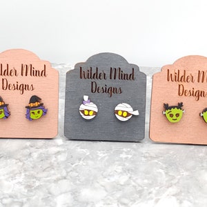 Mummy Studs, Frankenstein Studs, Halloween Earrings, Cute Earrings, Holiday Earrings, Halloween Jewelry, Laser Engraved, Wood Earrings, Fun