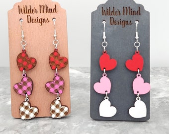 Buffalo Plaid Heart Earrings, Wood Buffalo Plaid, Valentine's Day Earrings, Heart Earrings, Valentine's Day Gift, Valentine's Day Jewelry