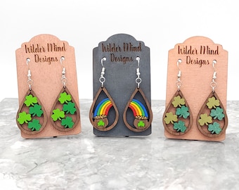 Shamrock Earrings, St. Patrick's Day Earrings, Clover Earrings, St. Pattys Earrings, Rainbow Earrings, Wood Earrings, Four Leaf Clover