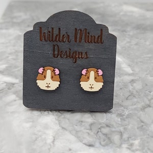 Guinea Pig Studs, Guinea Pigs, Animal Earrings, Animal Studs, Cute Earrings, Guinea Pig Gift, Guinea Pig Lover, Hamster Lover, Wood, Dangle Stud Brown/Cream