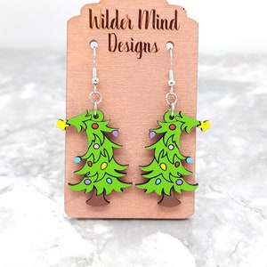 Whimsical Christmas Tree Earrings: Hand-Painted Laser Cut Wood