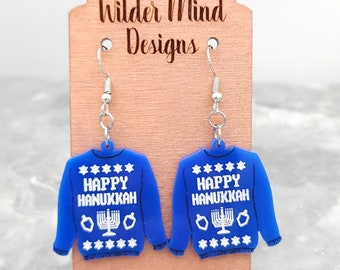Hanukkah Sweater Earrings: Laser Cut Acrylic, Surgical Steel