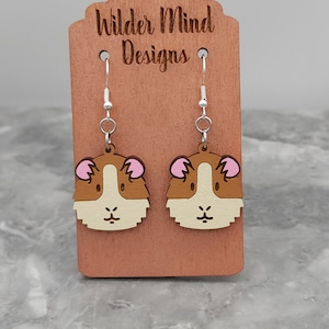 Guinea Pig Studs, Guinea Pigs, Animal Earrings, Animal Studs, Cute Earrings, Guinea Pig Gift, Guinea Pig Lover, Hamster Lover, Wood, Dangle Dangle Brown/Cream