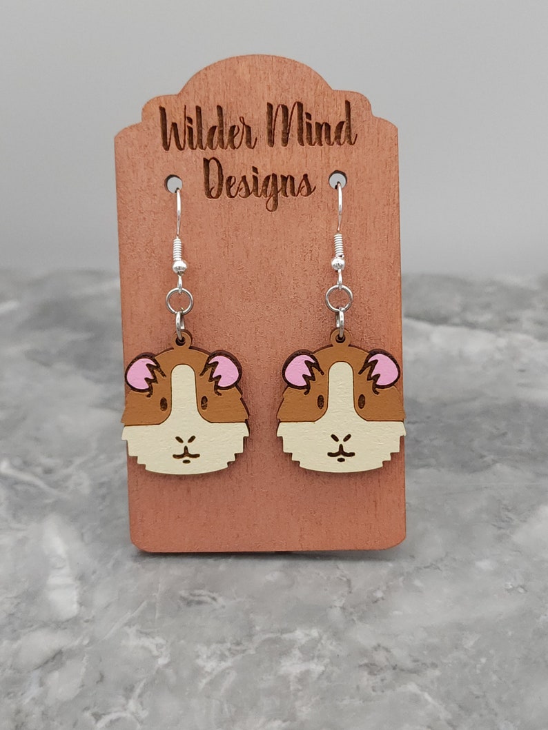 Guinea Pig Studs, Guinea Pigs, Animal Earrings, Animal Studs, Cute Earrings, Guinea Pig Gift, Guinea Pig Lover, Hamster Lover, Wood, Dangle Dangle Brown/Cream