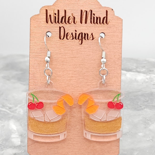 Whiskey Earrings, Old Fashioned Earrings, Whiskey Lover, Whiskey Girl, Old Fashioned Drink, Whiskey Gift, Liquor Earrings, Alcohol