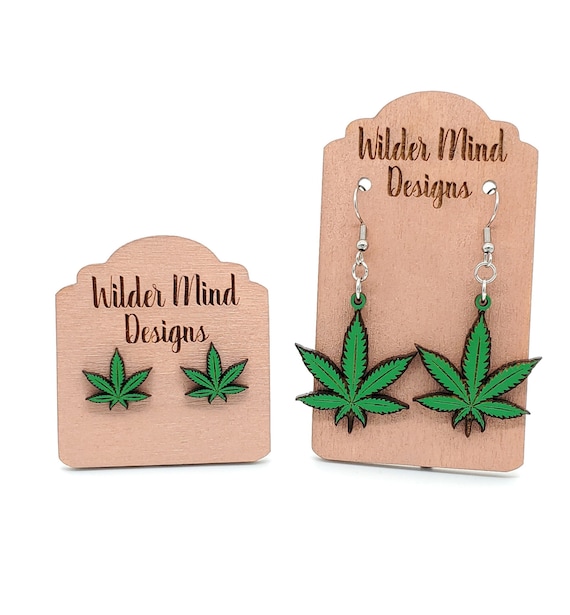 Laser Cut Marijuana Leaf Earrings, Hand Painted Wood, Surgical Steel