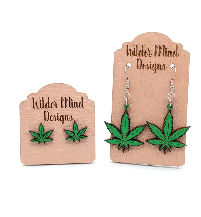 Laser Cut Marijuana Leaf Earrings, Hand Painted Wood, Surgical Steel image 1