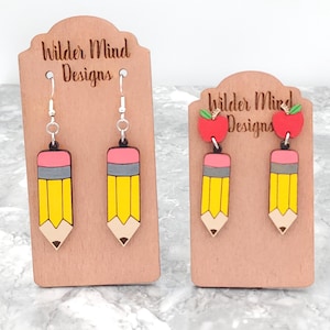 Handmade Pencil Earrings, Laser Cut Wood, Teacher Gift