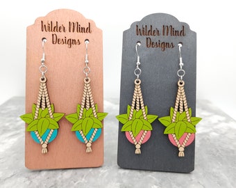 Hand Painted Hanging Plant Earrings: Laser Cut Wood Jewelry, Boho