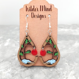 Handmade Christmas Tree Earrings: Laser Cut Walnut Plywood & Red Acrylic