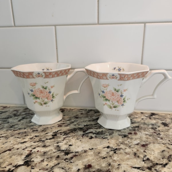 Set of 2 Vintage Nikko Classic Collection Cameo Rose footed cups, replacement, dinnerware, coffee cups, tea cups