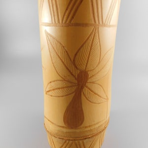 Vintage Carved Bamboo Vase: Palm Tree & Bird Design