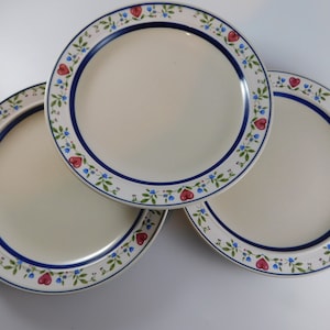 Tienshan stoneware, &quot;Country Morning&quot;, hearts and blue flowers, set of 3 salad dessert plates, home decor, wall decor